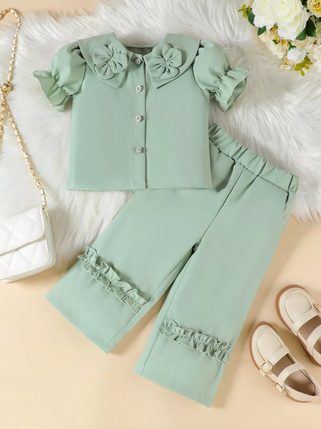 Children's Floral Decor Ruffle Trim Top & Pants Set