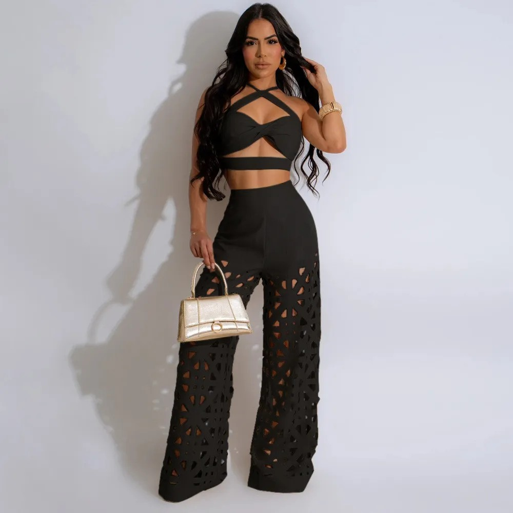 hollowed wide leg pants set