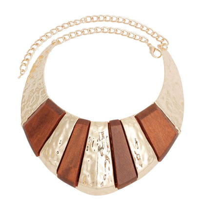 Brown Wood Inlay Gold Armor Necklace