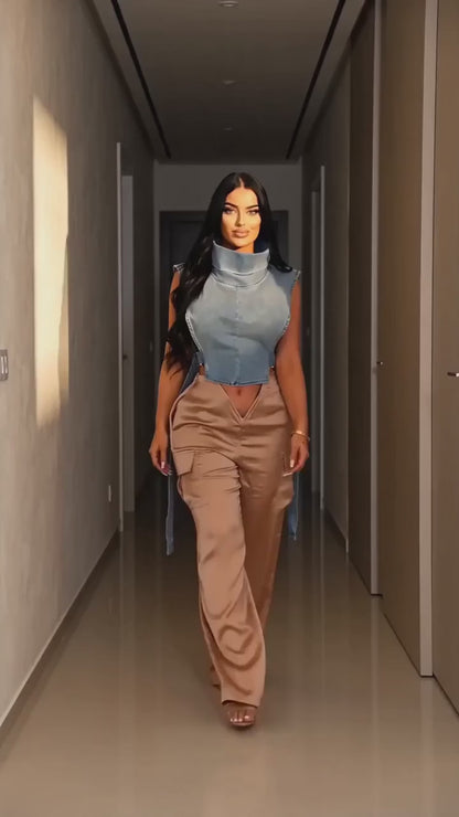 Denim Strapless Jacket Stand Collar Crop Top for Women