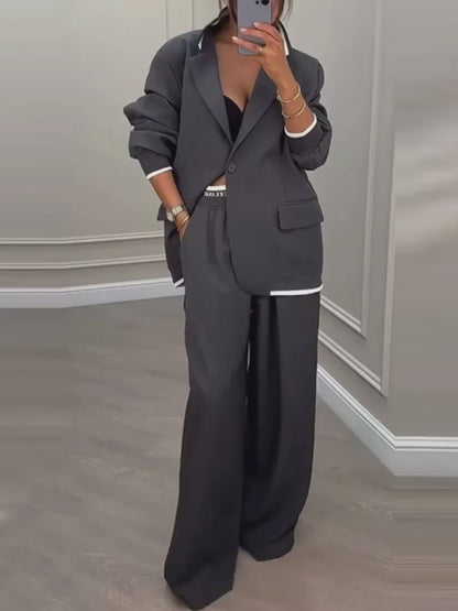 Full Size One Button Blazer & Wide Leg Pants Set Plus Size